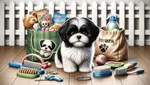 An AI generated picture of a black and white Shih Tzu dog surrounded by essentials such as a harness, hair brush, toys, treats, a tooth brush and others.
