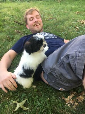 Darwin puppy with owner Darwin puppy with owner