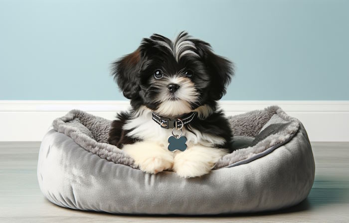 AI generated black and white Shih Tzu puppy resting in a cozy bed