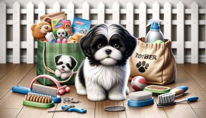 An AI generated picture of a black and white Shih Tzu dog surrounded by essentials such as a harness, hair brush, toys, treats, a tooth brush and others.